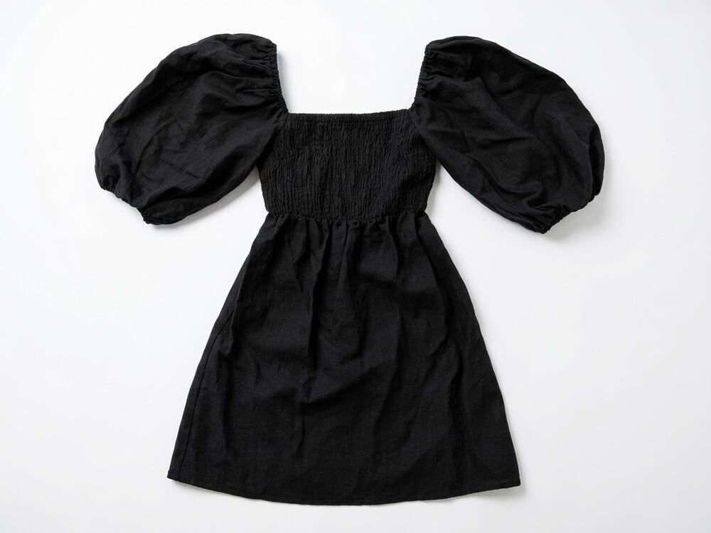 Tuckernuck Black Linen Smocked Puff Sleeve Mini Dress Small LBD Cottagecore